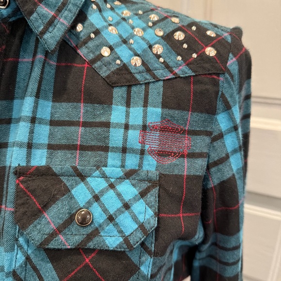 Harley Davidson Motorcycles Embroidered Logo Snap Button Back Flannel Sz M - Picture 3 of 14